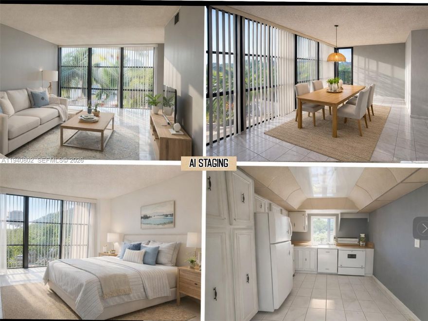 This spacious 1BR+DEN unit with flexible den – same footprint as many 2 bedroom units in the building –  offers 1075 Sq ft of bright, clean living space. Ready to move in. Tile floor throughout. The community includes pool, tennis courts, fitness center, BBQ area, and secure entry. Excellent location–just minutes from the beach, shops, I-95, and more! Move in immediately and start enjoying South Florida living at its finest. Ample storage, and 1.5 baths. Tax records reflect 2 bedrooms; unit currently configured as 1 bedroom + den.