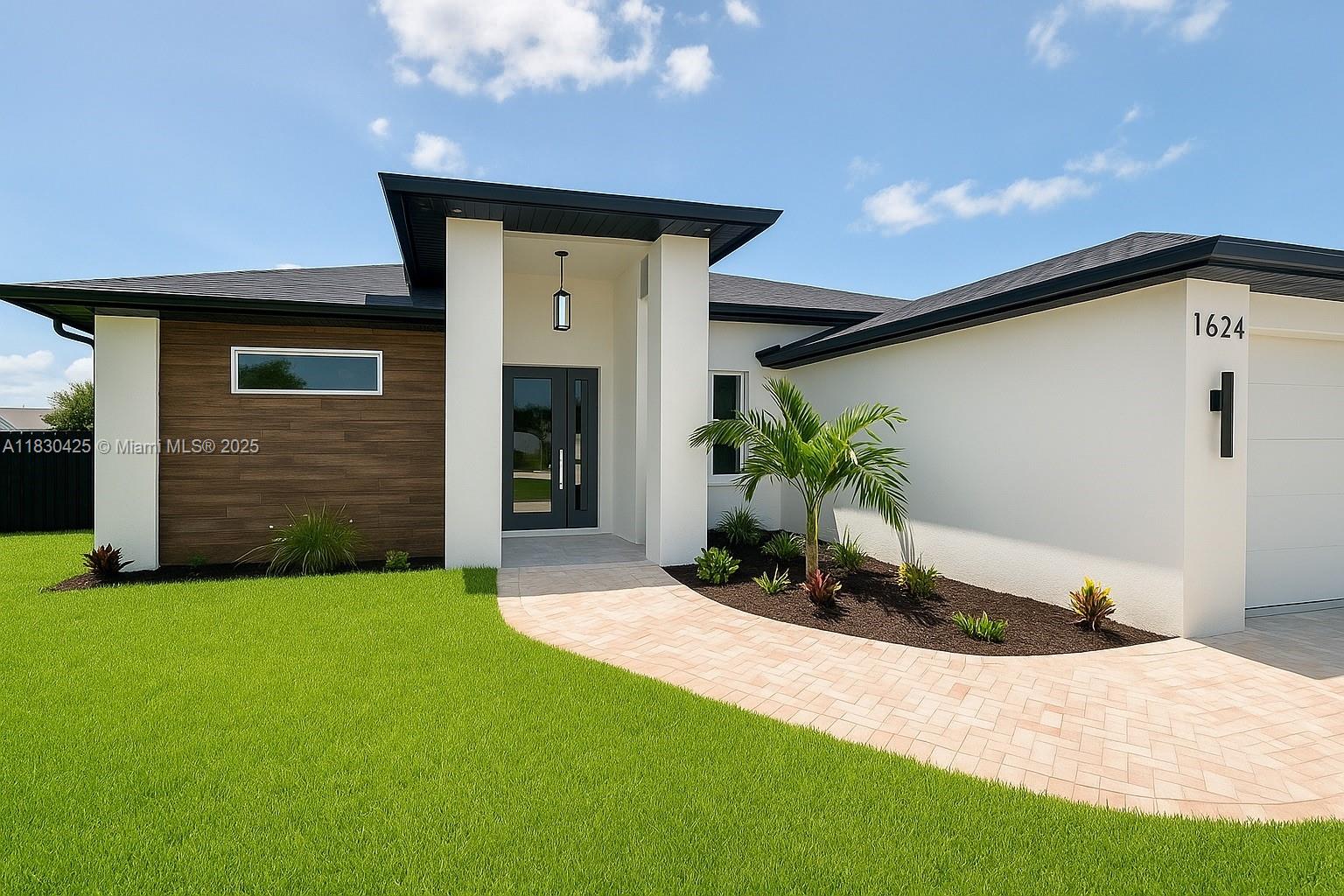 Brand-new construction on a fully fenced 10,000 sq ft lot in Cape Coral! This modern 4-bed, 3-bath home offers walk-in closets, closets linen storage, and a master suite with outdoor access. Bathrooms feature marble counters, upscale fixtures, and motion-sensor LED mirrors—one with pool access. Porcelain tile floors, designer fixtures, Bluetooth sound, and ceiling fans throughout. The gourmet kitchen boasts a quartz island for six, stainless steel appliances, and ample storage. Entertain on the lanai with full summer kitchen: grill, sink, fridge and quartz counters. Paved pool area with outdoor shower. Extra: wine bar with illuminated cabinets, 36-bottle wine fridge, and quartz top. Impact windows, 13.8ft ceilings, and 6-car parking -2 covered. NO FLOOD ZONE