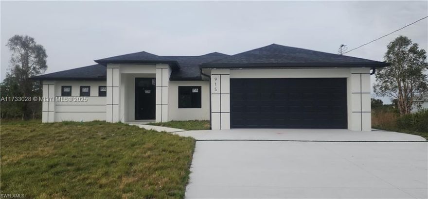 This single-family home has 3 bedrooms plus a Den, 2 bath & a 2-car garage, providing ample space for you & your family. As you step inside, you'll be greeted by a spacious den. The kitchen is a chef's delight with granite counters, stainless steel appliances &  modern fixtures. Tile floors throughout the home. Impact doors and windows provide both style and security. The large primary suite has 2 closets and an ensuite bath with dual vanities & a walk-in shower. Step outside to the extended lanai, where you can enjoy the Florida sunshine. Great Location with easy access to SR 82 and all the amenities in Lehigh Acres. $5,000 Seller Contribution toward Closing.