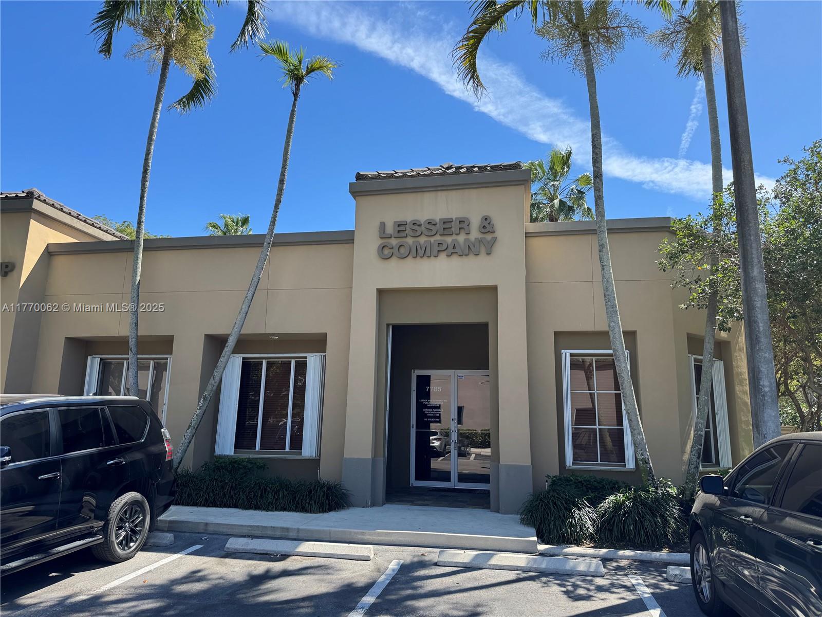 1,540 sq.ft. corner office in Miami Lakes Business Park West. This office is in a 1-story freestanding building. One of the very few offices in the area that is NOT in a 2, 3 or 4-story office building. This unit has 5 offices and a large secretarial area at the entrance. One office is being used as a conference room, the largest office can be divided into 2 private offices or used as a large conference room, and the smallest room is being used for filing. There are 2 bathrooms inside and a breakroom with door for emergency egress. Additionally, there is a storage closet. Built-in furniture remains when the current tenant vacates. Tenant can move out with 30 days' notice. Modified Gross Lease.