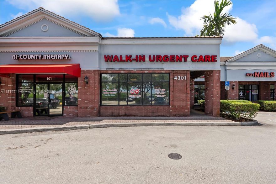 Exceptional opportunity to own a fully operational urgent care clinic in a high-traffic area in Davie, FL.  This modern medical space is ideal for healthcare investors, expanding practices, or providers seeking a ready-to-go facility.

The clinic features:
Reception and waiting area with comfortable seating
Multiple exam rooms, triage areas, and physician offices
On-site lab space and X-ray room with lead-lined walls
Digital infrastructure for EMR and telemedicine integration
Ample parking and prominent signage on a busy thoroughfare

Currently operating as a successful urgent care, this space is suited for general practice, pediatrics, or specialty care. Surrounded by residential neighborhoods, schools, and retail, this is a high-demand location with strong growth potential.