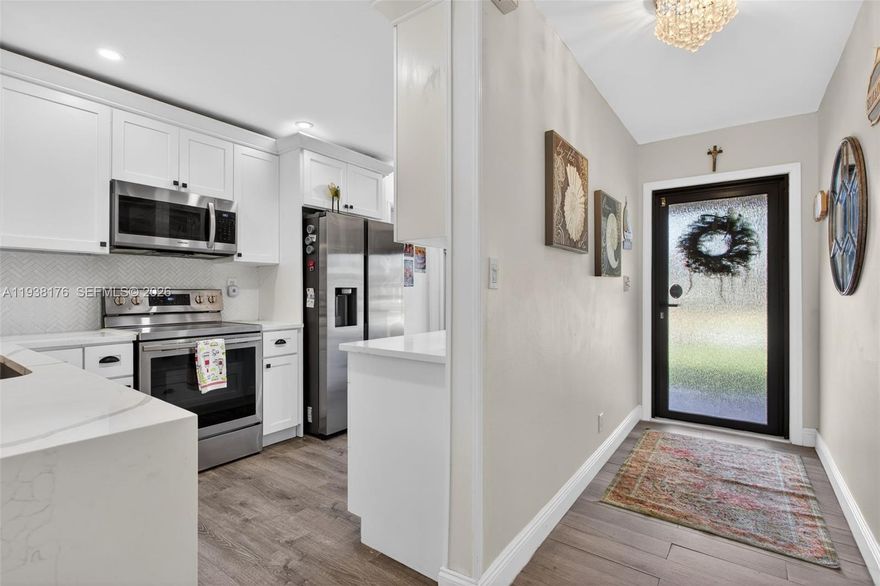 Welcome to your new beautifully updated home in the sought after 55+ community at The Meadows of Crystal Lake. This 2 bedroom, 2 bathroom home with over 1450+sq feet of living space is being offered with a brand new roof installed in 2025, new A/C system with UV Light and Air Scrubber (2022) and encapsulated with HQ Eurotech Impact Windows and Multi-locking Doors (2022). A Complete Interior Kitchen Renovation (2023) with all new stainless steel appliances and Quartz countertops; Replaced lighting fixtures, window treatments and updated outlets and switches throughout the interior of the home. The Home has flat ceilings with freshly painted walls from trim to ceiling and within the master bedroom a custom built walk-in closet awaits, as well as a fully remodeled bathroom with a new vanity, shower doors and recessed led lighting. This home also includes a new washer and dryer housed in a separate utility room within the garage. The garage has a new garage door and garage door opener equipped with MyQ technology. Come check out this beautiful residence in one of the most affordable and active 55+ communities which includes a community pool, spa and so many more amenities and services, while being placed in a perfectly convenient location to all major highways, shopping, restaurants and a short 15 minute
drive to the nearest beach.