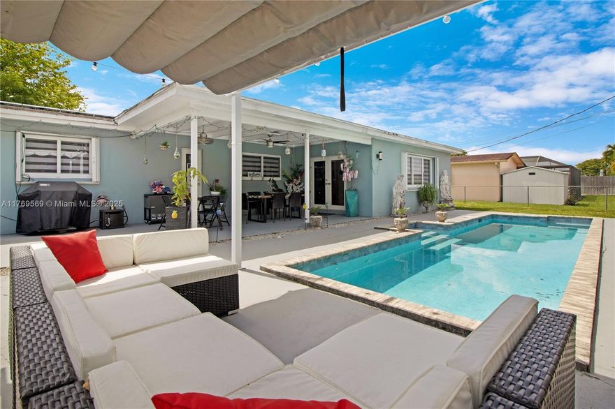 Beautifully Updated 3 bedrooms, 2 baths plus a versatile 4th additional room with A/C measuring over 2200 SF (per Seller). Enjoy lounging by the pool and entertaining under your covered terrace. Sellers have invested $30K in upgrades recently! Including Landscaping, recessed lighting, high-end refrigerator and washer/dryer, master bedroom has his & hers closet with built-ins, all interior doors customized, zebra blinds throughout and fully paid Solar Panels. Ready to move in! Ask for list of upgrades & items do not convey.