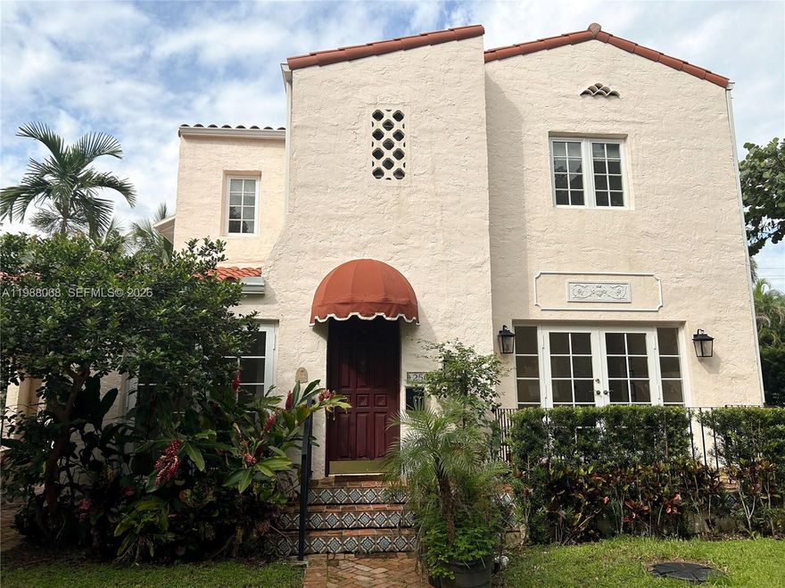 CHARMING 1920s -era 4 Bedrooms, 3.5 Bathrooms Home located on the highly sought-after North Gables Alhambra Circle. This Beautifully preserved property blends historic charm with modern updates. The First floor features a mosaic-titled entryway, a cozy living room with a working fireplace and access to an outdoor terrace, a formal dining room and a kitchen with breakfast nook and laundry area. Spacious Family room that can serve as a 2nd master suite with a private bath, opening onto a covered trellised pergola in the backyard. The second floor offers an ensulte master bedroom, two additional bedrooms and a full bath. Includes a solar water heater, dual-zone central AC, sprinkler system, fenced yard, covered carport and a detached garage with extra storage space. Improvements to the landscaping and backyard patio are pending approval.