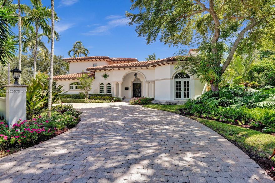 Welcome to this custom built home in coveted Sunrise Intracoastal. The property sits on a large walled and fenced corner lot surrounded by mature hedges for privacy.  Upon arrival, you are greeted by a wall of custom floor to ceiling French doors which take your eye directly into the courtyard, a true oasis, complete with fountain, loggia and lush tropical landscape all characteristic of the Spanish Colonial architecture. The open and inviting floor plan, enhanced by tumbled marble floors, high beamed ceilings, and little surprise design elements, flows flawlessly. The second floor features a serene primary suite with a large spa-like bathroom and a private balcony and 3 more bedrooms with gleaming wood floors, 2 with en-suite baths. Ready for the lucky buyers to continue their own story.