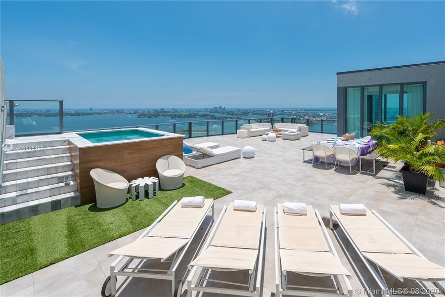 Real Penthouse: Incredible 4 Bed/4.5 Bath Corner Upper Penthouse with enormous rooftop terrace with plunge pool and spectacular views across the Bay all the way to the Ocean in Edgewater at Icon Bay. Expansive 2700 Sq Ft on the ground level w/4 bedrooms with en-suite baths. Beautiful stairs wrapped in glass lead you up to 2000 Sq Ft rooftop terrace with a plunge pool, ample room for entertaining and sunbathing, and the most impressive views across Miami from the 43rd Floor. Designer touches throughout the home including Italian Top Design brand furniture by Baxter, Cassina, Natuzzi and more, with all the finest materials and appliances. High ceilings and 2 walls of windows leading out to the Bay and Miami Beach from all rooms. Come take a look at what the ideal Miami Penthouse looks like!