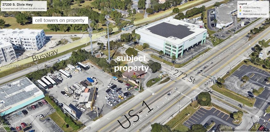 High traffic and visibility on this signalized US-1 corner with Busway stop at the rear of the property. Major intersection at SW 272 ST with signals at US-1 and Busway. Cell tower income, small office facing US-1 (month to month) and subleased food truck in place will provide income while development plans are prepared. Excellent location for any business looking for easy access, excellent signage. In the path of Miami-Dade development.