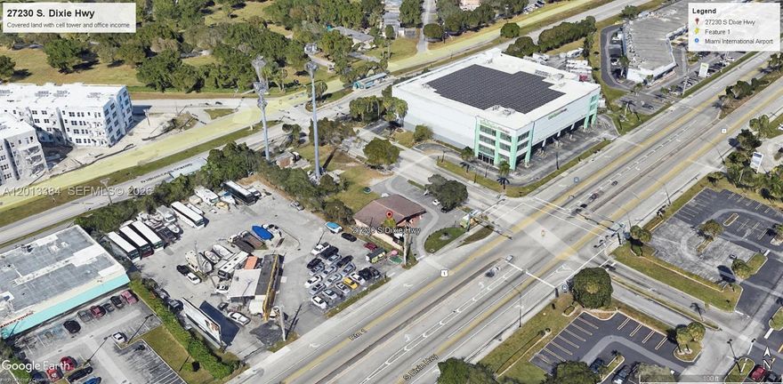 High traffic and visibility on this signalized US-1 corner with Busway stop at the rear of the property. Major intersection at SW 272 ST with signals at US-1 and Busway. Cell tower income, small office facing US-1 (month to month) and subleased food truck in place will provide income while development plans are prepared. Excellent location for any business looking for easy access, excellent signage. In the path of Miami-Dade development.