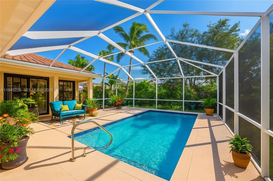 Experience the pinnacle of Florida elegance in this updated Windsor model. Boasting serene water views from every window, this 4BR + Den, 3BA sanctuary shows like a model home with rich wood flooring and bespoke crown molding. The epicurean kitchen is a masterpiece, featuring custom cabinetry, granite, double ovens, and dual sinks. Transition through elegant French doors to your private oasis: a sparkling pool (resurfaced 2021) with a 2024 pump and tranquil lake vistas. Ultimate peace of mind is ensured with accordion shutters, a generator, 2021 Carrier A/C, and newer appliances. From the central vacuum to the meticulous finishes, every detail is move-in ready. Experience a lifestyle of luxury and serenity, your stunning waterfront retreat awaits!