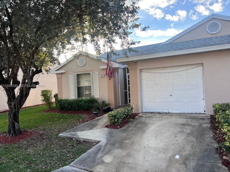 This 2 bedroom, 2 bathroom home has a new roof (2018), a new A/C (NEST 2022), a new disposal (2018),new auto door opener for garage door (2019), and new pipes (2018). The home features sliding doors, wood floors, crown molding, walk-in closets, granite counter tops, accordion shudders, and a tiled patio.