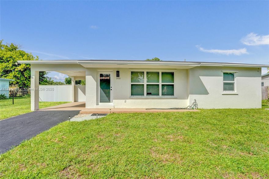 Look no more, your dream home in Lauderhill! This fully remodeled 3-bedroom, 1-bathroom residence blends modern upgrades with comfort and style. Step inside to a bright, spacious layout featuring a stunning new kitchen with sleek gray cabinetry, quartz countertops, designer backsplash, and premium s/s appliances. The bathroom has been completely transformed with a modern style w/a chic vanity. Enjoy durable tile flooring in the main living areas & brand new tile floors in the bedrooms, 2025. Upgrades include a new electrical panel, updated plumbing, a brand-new water heater, and impact windows. The laundry room comes equipped with washer and dryer. Outside, you’ll find a large carport and a massive backyard. Freshly painted inside! Don’t miss this opportunity—schedule your tour today!