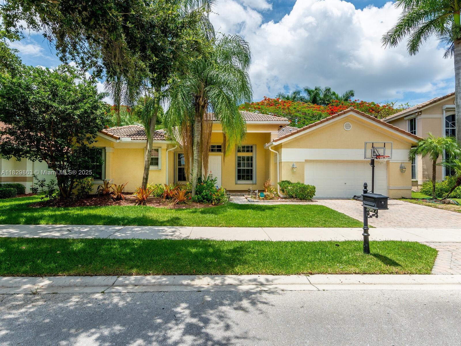 Elegant one-story house in the highly sought-after The Ridges community. Huge Dining and Living room areas. Beautiful Kitchen with Stainless Steel Appliances, upgraded Cabinets, Granite Counter Tops, and ample Breakfast area with the addition of a very spacious Family Room area. It features five bedrooms and three full Bathrooms, being one of them a Cabana Bath. Large screened patio with a gorgeous Swimming Pool. This house is excellent for entertaining. The A/C was replaced in 2018. Accordion Shutters. Beautiful landscaping. Close to major roads, restaurants, shopping, and more!