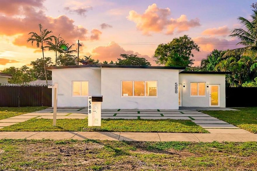 Fully renovated property, completed in 2026. The property has approximately 2,800 SqFt of living area, pending update by the Property Appraiser’s office, as all permits were recently closed with the completed improvements in January 2026.. Located in the heart of Miami Springs. The main residence features 4 bedrooms and 3 full bathrooms, while the guest house offers 1 bedroom and 1 full bathroom, for a total of 5 bedrooms and 4 bathrooms. All improvements done with city-approved plans and permits, providing exceptional flexibility for extended family, guests, or additional living space. Upgrades include: new central A/C system with new ductwork, mini-split A/C unit in the guest house, new flooring, walls, and doors, full insulation in ceilings and
walls, complete electrical system including new wiring and panels, full plumbing system with tankless water
heater, new roof, impact-resistant exterior doors and windows, new pool (2025), custom kitchen, and smart LED
lighting throughout the interior and exterior.