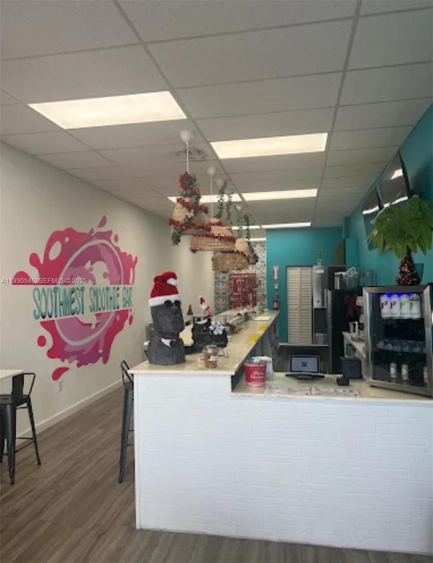 Great business opportunity! Southwest Smoothie Bar is a well-established and thriving concept specializing in smoothies, açaí bowls, waffles, pressed juices, and more. Ideally located on the highly trafficked corner of 87th Avenue and Sunset Drive within the popular Sunset & 87th Shopping Center, the business benefits from exceptional visibility, consistent foot traffic, and a steady flow of customers from surrounding retail and service establishments. This turnkey opportunity offers a loyal customer base, strong community presence, and a prime location in one of Miami’s busiest corridors—perfect for an owner-operator or investor looking to step into a proven and successful operation with room for continued growth.