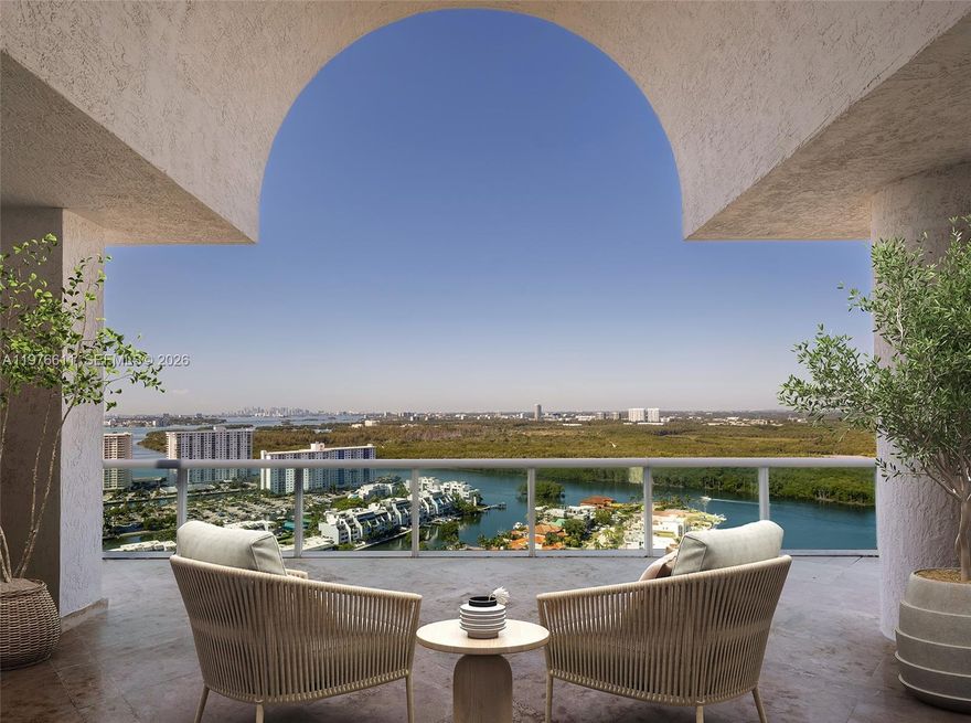 Perched high above it all, this spectacular two-level penthouse offers over 3,000 square feet of sophisticated living space with soaring 10.5-foot ceilings and striking architectural details throughout. Expansive balconies provide breathtaking panoramic views of the iconic downtown Miami skyline, the natural beauty of Oleta River State Park, the sparkling Intracoastal waterways, and the endless blue of the Atlantic Ocean. Designed for both comfort and entertaining, this exceptional residence combines dramatic scale with an unparalleled vantage point in the sky.