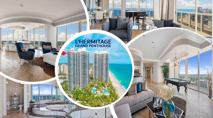 DEAL OF THE DAY-Live above the rest in the just refreshed Grand Penthouse at L’Hermitage. Enjoy spectacular views of sun, sea & city from 6 private balconies in this 6,600+SF residence. PRICED BELOW APPRAISED & MARKET VALUE! Original owners created unique masterpiece merging 3 units to 1. This trophy residence has a split floor plan w/separate elevator/entrance to guest wing, 4 bedrooms w/ensuite bathrooms, 2 custom offices, 2 powder rooms, eat-in kitchen, guest kitchenette, formal dining room, living room & bar. Large master suite w/wet bar, roman tub, shower, dual vanities & 2 big walk-in closets. 3 prime parking spots & 3 storage units. Can come designer decorated (addl. fee). Resort-style community w/10 acres of beachfront, 2 tennis courts, pools, saunas, café, concierge, valet, gym +.