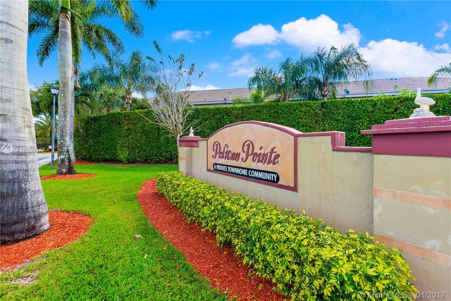 Completely remodeled corner 3 Bdrs/2.5 baths townhouse in desirable Pelican Pointe. Beautiful porcelain floor downstairs, and waterproof engineered wood flooring upstairs. Accordion hurricane shutters, Newer A/C and recently exterior painted. Enjoy outdoor paved patio, bright unit with security monitoring system. $175 HOA fees, pool and tennis court, exterior insurance included, basic cable and internet! Move in ready! Walk to Trader's Joe and major shopping and dinning in the area. Lender's credit $2000!