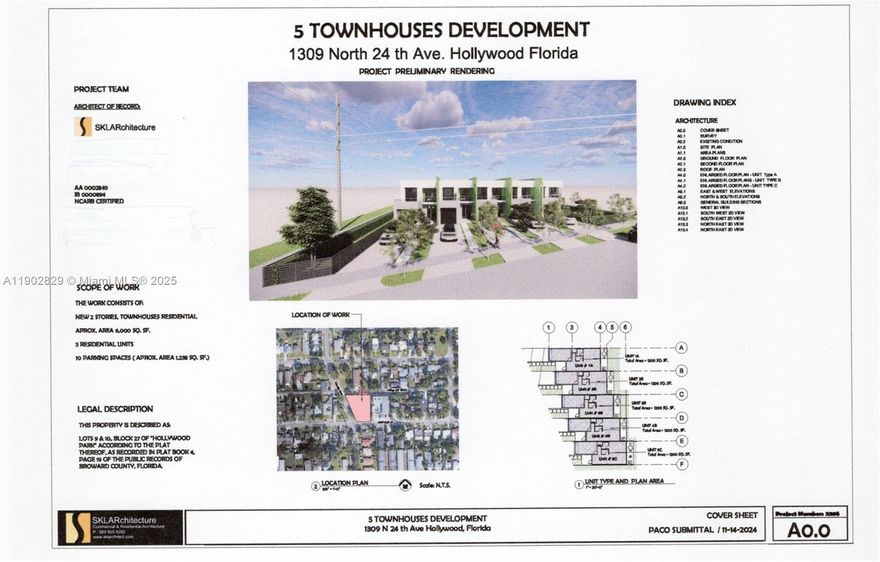 INVESTOR'S DREAM!!! GREAT DEVELOPMENT OPPORTUNITY FOR 5 TOWNHOMES (2BR+DEN/2.5BA EACH) ON THIS OVERSIZED CORNER LOT OF 14,518 SQFT. PRE-APPROVED PLANS. CURRENTLY BOTH UNITS ARE RENTED WITH IMMEDIATE INCOME. AMPLE PARKING. ARCHITECTURAL PLANS ARE READY FOR PACO PRESENTATION 
(SEE ATTACHED DOCUMENT).
THIS PROPERTY IS CONVENIENTLY LOCATED BETWEEN FORT LAUDERDALE AND MIAMI. LESS THAN 3.5 MILES TO HOLLYWOOD BEACH AND MINUTES DRIVE TO DOWNTOWN HOLLYWOOD CIRCLE
