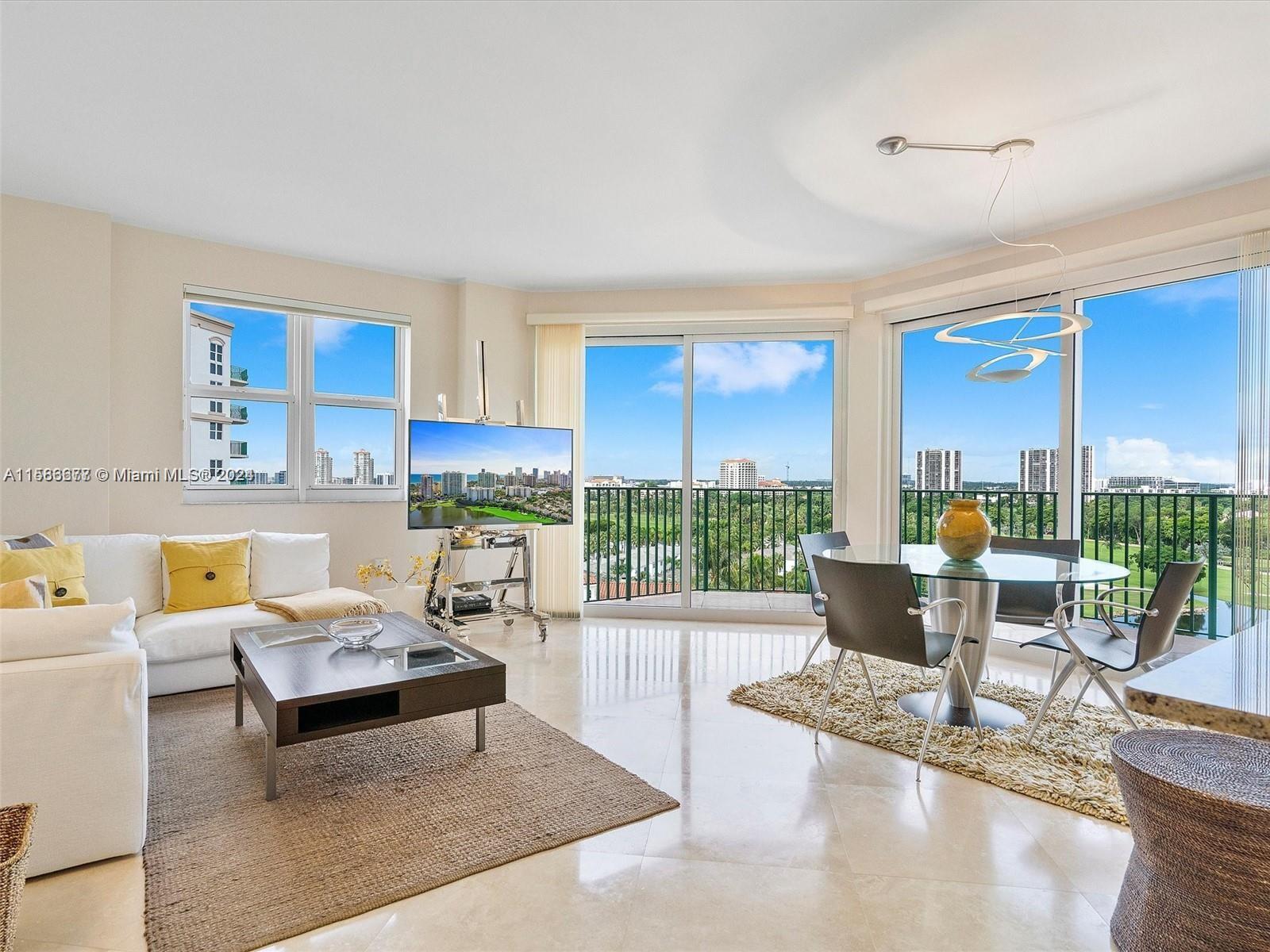 Direct panoramic views of Turnberry Isle golf course, corner unit. Best view of the building. Fully furnished 2Bed 2Bath in excellent condition available for a yearly rent. Great layout and natural light. Amenities such as gym, pool, pool table room, spinning room, spa/sauna, jacuzzi, kid's playground and a teen center, cable and wifi included, 24-hour valet service and front desk attendant. Excellent location, close to Aventura Mall and beach. Move in ready.