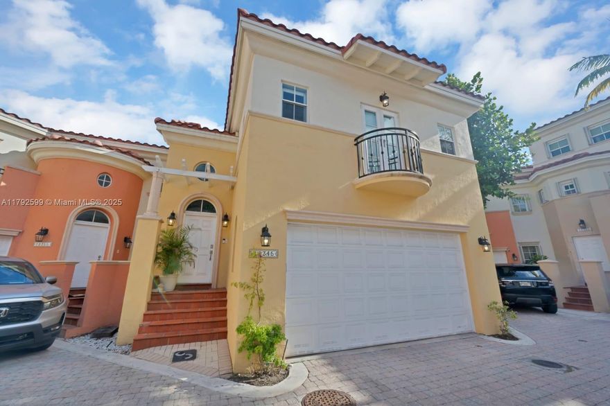 This renovated, spacious townhome is the largest 3 bedroom model at this mediterranean style community in the heart of Aventura. It has a large 2 car garage (1 of just 6 units). Located in front of Veterans Park, with easy access to beautiful beaches, Aventura mall, restaurants, businesses, and major highways. Walking distance to houses of worship. The only townhome available in Aventura Bay, with an immaculately redone kitchen, a gorgeous built-in wall unit in the living area and wood floors in the kids bedrooms. The primary bedroom has a 14 foot ceiling and was recently modernized. New roof, and exterior painting and new facade stone moldings done. Well maintained community.