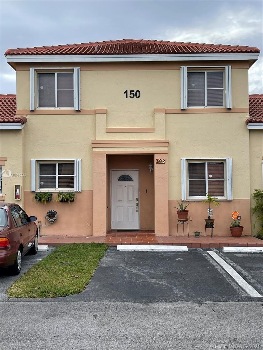 Spectacular and spacious 2 story townhouse centrally located close to excellent schools, FIU, Dolphin Mall, shopping centers, turnpike, etc... This is a 3 bedroom, 2.5 bathroom townhouse with a recently updated kitchen, wood laminate floors on the 2nd floor, accordion hurricane shutters, tiled patio, washer and dryer hook-up in unit, 2 assigned parking spaces and guest parking. This unit is priced to sell! ***HOA has no reserves and requires 25% down payment/conventional financing***