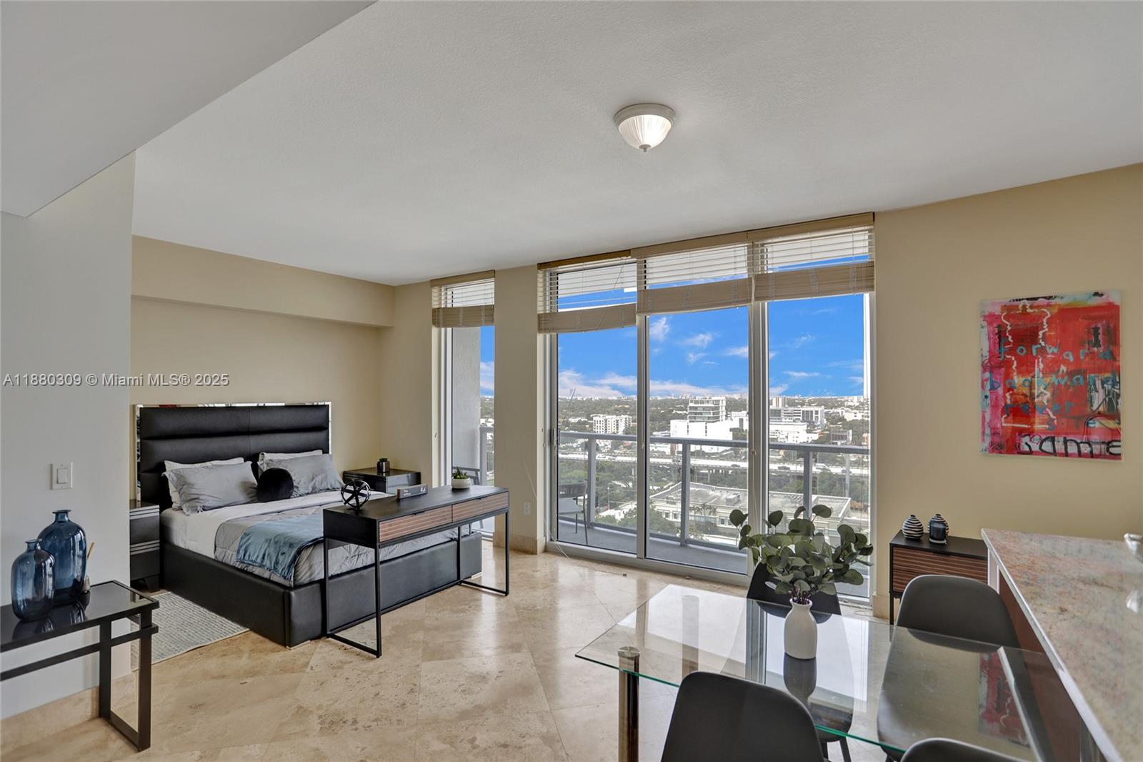 BRICKELL FURNISHED STUDIO. Large and quiet unit. One of the nicer underrated buildings in the area. 1 large balcony facing West with skyline views of Miami river & beautiful sunsets! High ceilings, impact windows with abundance of natural light. Walk-in closet, granite countertops, and stainless steel appliances with open concept layout. Washer & dryer in unit. 1 garage parking space & internet + cable included in HOA. Luxury amenities include new gym, new pool , hot tub, sunset deck, sauna, and meeting room. Desirable location only two blocks from Brickell City Center. Low condo fees. On-site management.