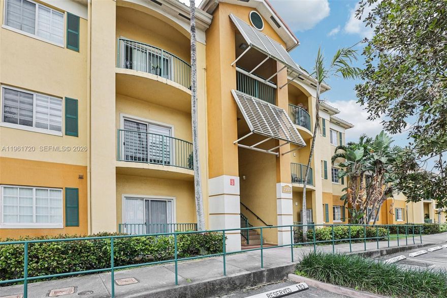 Bright, spacious 2-bedroom, 2-bathroom condo located on the FIRST FLOOR. Impeccably maintained, features ceramic floors throughout, large living, dining area, bedrooms and private balcony. Washer & Dryer located in unit. Steps away from Pool and gym. One of Doral's best communities with a low HOA!