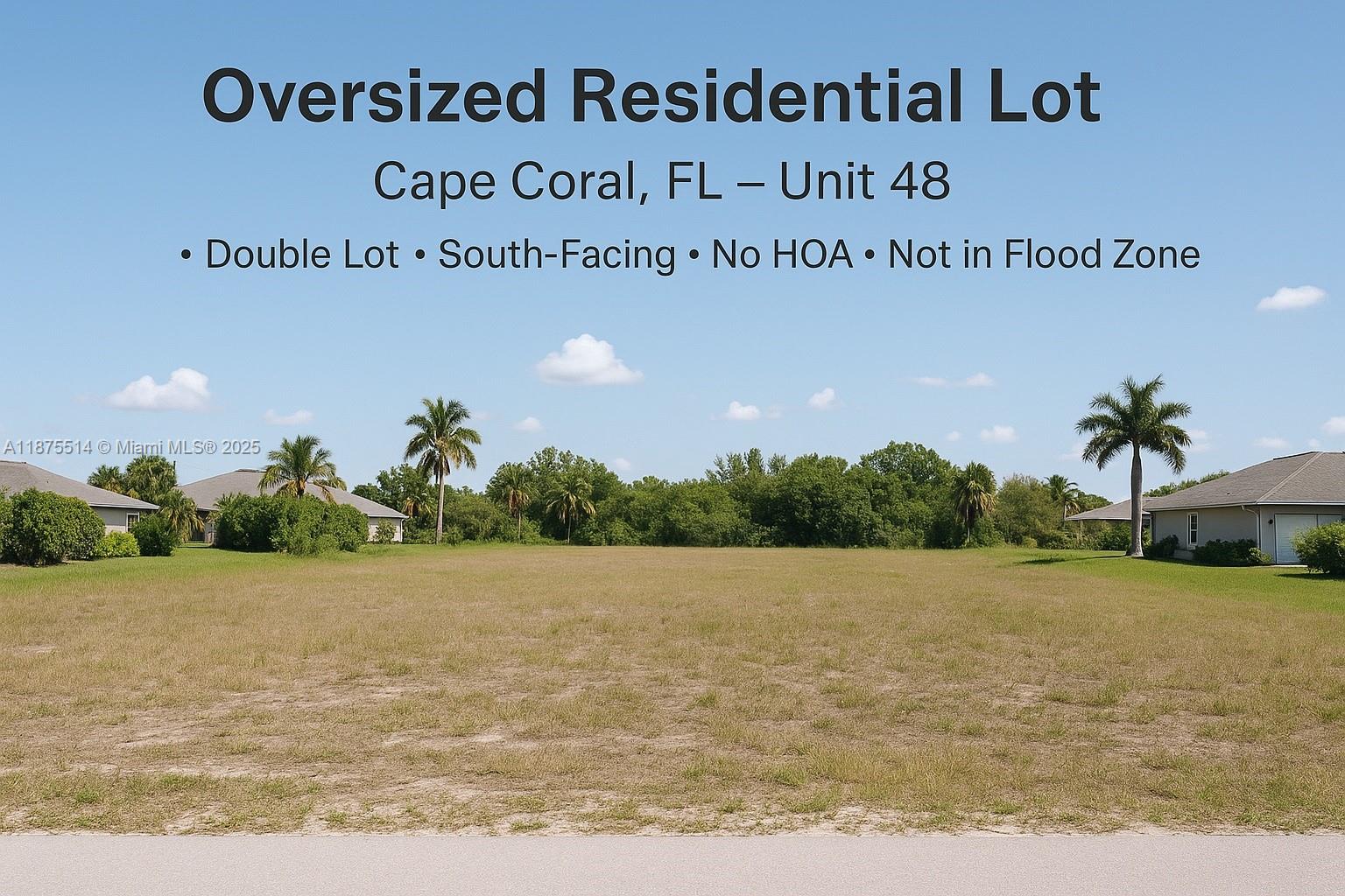 Oversized double lot located in the desirable Cape Coral Unit 48. South-facing exposure offers ideal sunlight for future home builds. Zoned residential and nestled in a quiet, growing neighborhood with nearby access to shopping, schools, and parks. Perfect for buyers, investors, or builders looking to create a custom home or investment property. No HOA, no deed restrictions, and not in a flood zone. A fantastic opportunity to own land in a rapidly developing area of Southwest Florida.