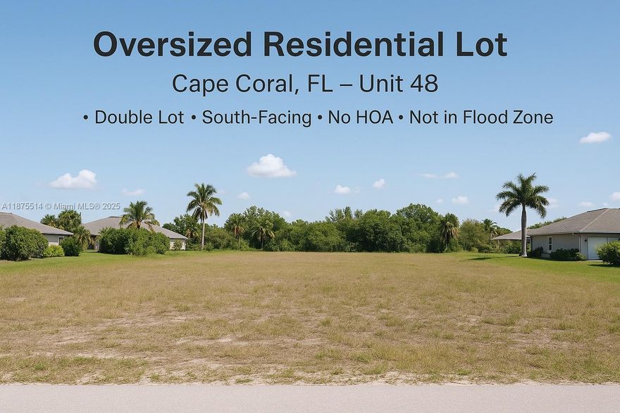 Oversized double lot located in the desirable Cape Coral Unit 48. South-facing exposure offers ideal sunlight for future home builds. Zoned residential and nestled in a quiet, growing neighborhood with nearby access to shopping, schools, and parks. Perfect for buyers, investors, or builders looking to create a custom home or investment property. No HOA, no deed restrictions, and not in a flood zone. A fantastic opportunity to own land in a rapidly developing area of Southwest Florida.