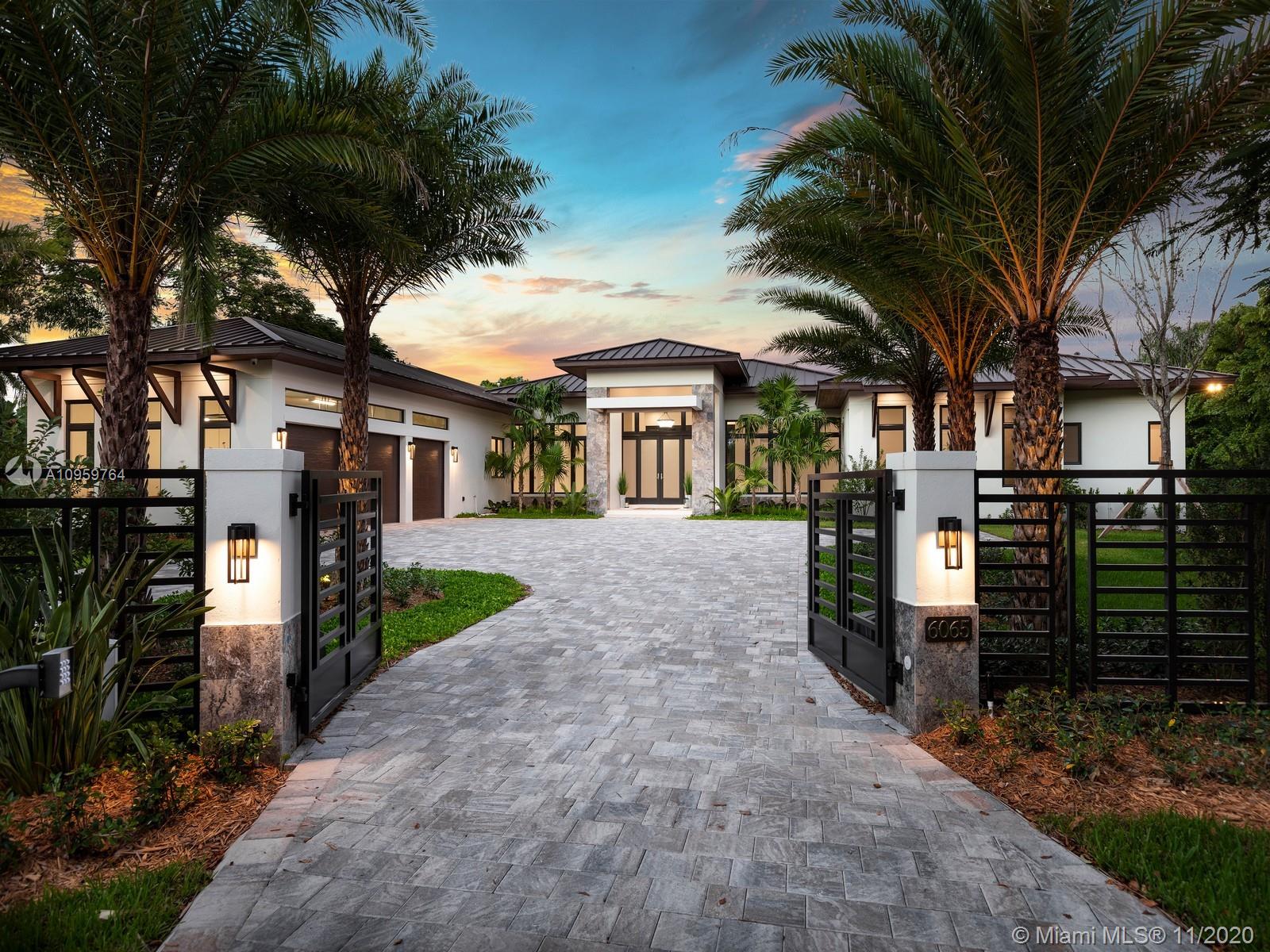 Stunning Brand-New Construction & ready for immediate occupancy in the heart of Pinecrest. This gorgeous 1-story modern estate is nestled on a spacious 37,461 sf gated lot & surrounded by pristine landscaping. Greeted by an exceptional floor plan w/enormous impact windows & doors offering bountiful natural light. Spectacular eat-in kitchen w/ Thermador appliances, wine cellar & wet bar. Enjoy unobstructed views of the open floor plan family rm & dining. Master suite offers huge walk-in closet, spa like bath w/ double vanities, shower, & soaking tub. Discover all around views of the glorious outdoors including resort style pool & spa, covered terrace w/ built in summer kitchen & huge yard. Add Features: 3 car gar, maids quarters, mud rm/laundry, gas fireplace. 1 Year builders warr.