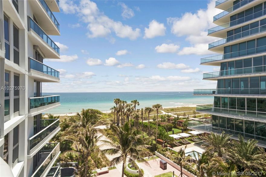 Beautiful and rare two bedroom residence on the 5th floor of the south side of Azure Condominium. The ample balcony allows for spectacular ocean views to the east and far extending city views to the west reaching downtown Miami. This unit is ready for a new owner offering tile floors throughout, Sub Zero and Miele appliances in the kitchen, great size bedrooms, and a spacious Den that makes for a great guest room or office. Azure is one of the best boutique buildings in Sursife and provides great amenities and tranquility for it's few lucky owners. Apartment comes with one covered, assigned parking space.