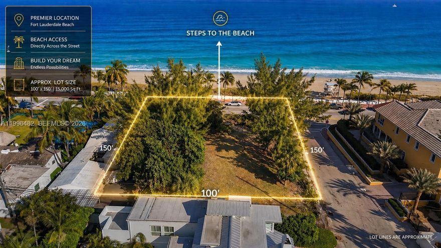 A rare opportunity to acquire one of the most iconic beachfront homesites in Fort Lauderdale. Located directly across the sand at 1651 N Fort Lauderdale Beach Blvd, this ±15,000 SF parcel offers ~100 feet of unobstructed Atlantic Ocean frontage with sweeping, permanent views of the beach, downtown skyline, and Hugh Taylor Birch State Park. Positioned on a prime hard-corner within a quiet cul-de-sac in the ultra-exclusive Finger Streets enclave—an intimate community of ~150 homes known for privacy and tightly held ownership.

The lot is high elevation and not located in a flood zone, a rare advantage for true beachfront property. Zoned to allow one world-class estate or up to two ultra-luxury residences, offering exceptional flexibility for end-users or developers.

This is a once-in-a-generation canvas to create a landmark coastal property. Parcels of this size, frontage, and positioning are nearly extinct on Fort Lauderdale Beach. Preliminary architectural concepts by a respected local architect are available, designed to maximize views, privacy, and overall impact.

Build here and create an iconic estate.