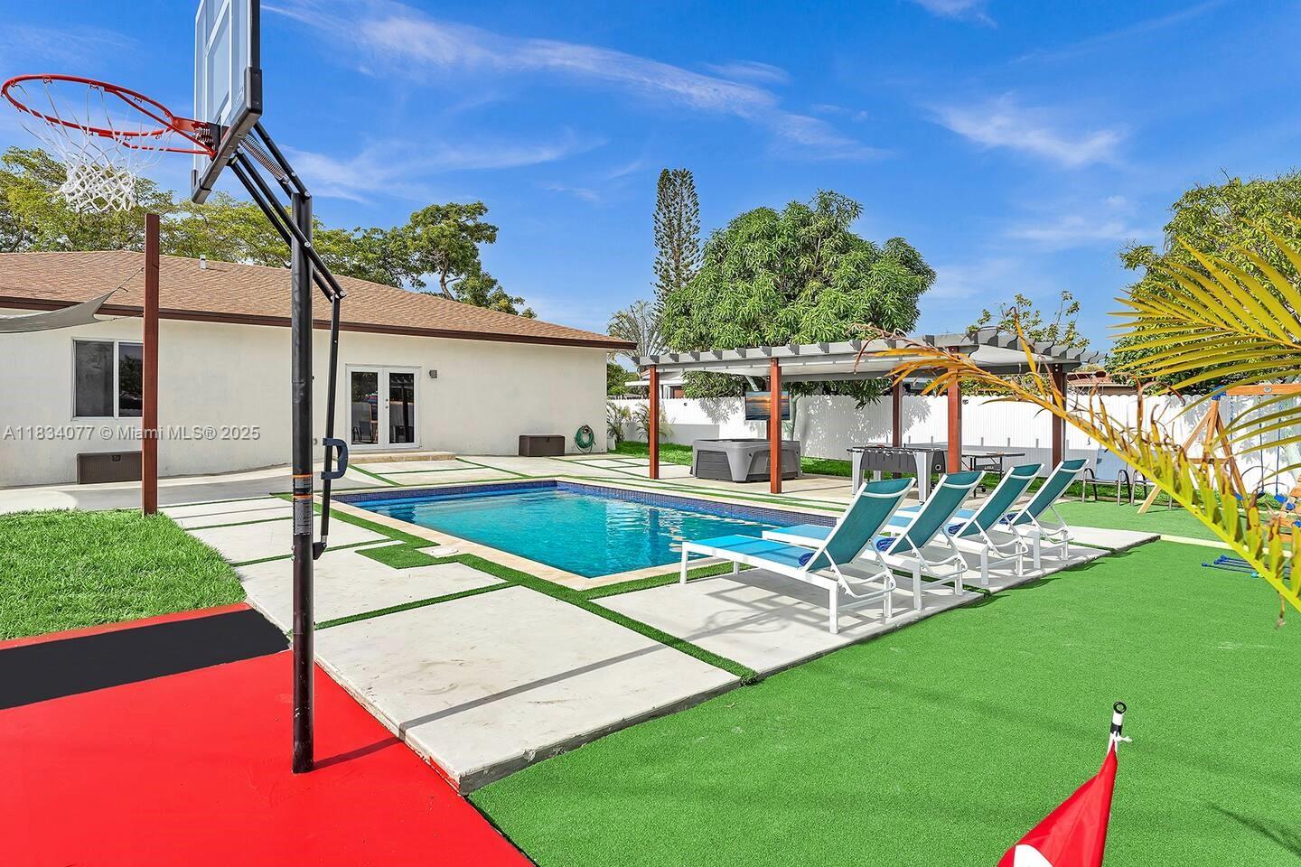 Exceptional resort-style home in the heart of Cutler Bay! This spacious property comfortably sleeps 16 and is fully equipped for luxury living or short-term rental income. Features include a half basketball court, mini-golf, ping pong, foosball, swing set, hot tub, and more. Ideal for large families or investors seeking a high-performing Airbnb opportunity. Minutes from Zoo Miami, Black Point Marina, Top Golf, and shopping. Proven income-producing property—fully stocked, licensed, and ready to generate returns from day one!