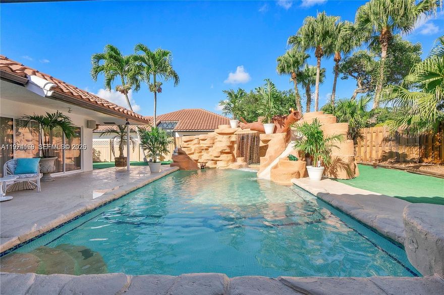 ONLY $221/Month HOA!  Unveil your captivating backyard oasis on this corner lot!  This beautifully renovated home boasts a resort-style water park and a pickle ball/tennis/basketball court.  Enjoy open-concept design with vaulted ceilings and sliding door walkouts from every room facing the resort style pool.  Open concept kitchen is fully remodeled with new quartz countertops with waterfall and stainless steel appliances. New bathrooms with a Jacuzzi jet tub in the master bedroom.  All appliances and both air conditioning systems are new. Professionally landscaped and highly upgraded throughout.