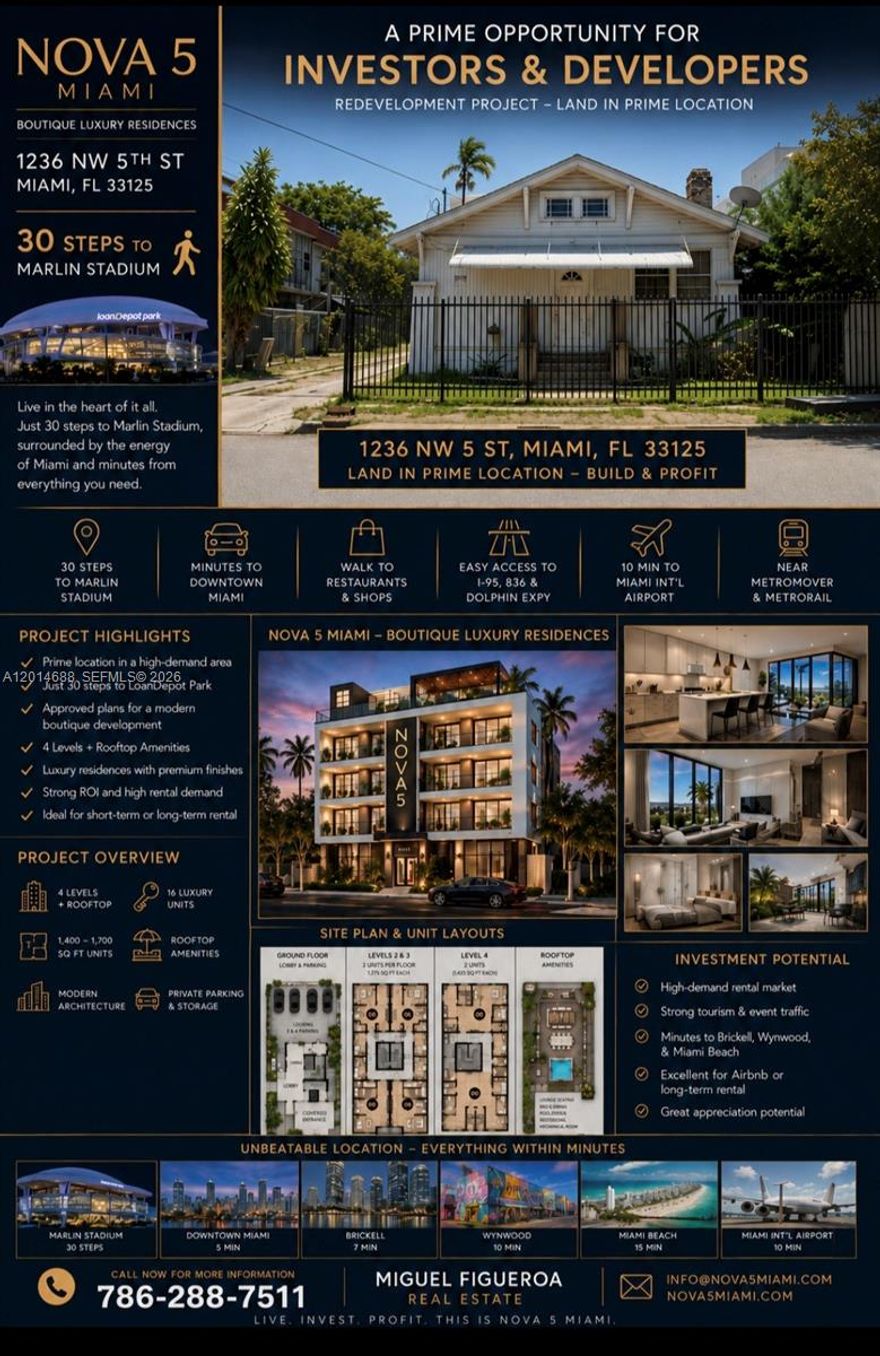 Charming property located in the heart of the Little Havana, the existing home is a single-story residence offered in As-Is condition, offering a prime opportunity for new construction under Miami 21 Urban Transect zoning (T5 AREA) presenting an excellent opportunity for MULTIFAMILY OR TOWNHOME development ,
Convenient access with 30 steps to the Marlins Stadium, access to Downtown Miami, major highways, and transit corridors 
Ideal for Investors, Builders, or Developers seeking high density redevelopment