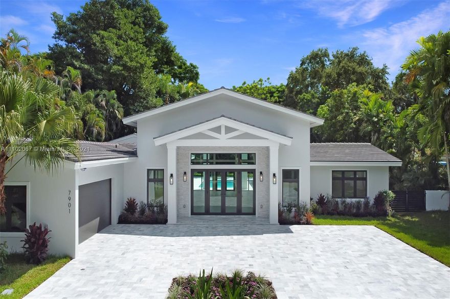 Spectacular 1-story estate located in Coral Gables' Platinum Triangle. Offers soaring ceilings, 6 beds, 7½ baths, and is nestled on a 20,000 sf lot surrounded by lush tropical gardens and mature trees. This 5,267 adj. sf (6,290 total sf) residence was fully gutted and rebuilt in 2021. Everything is new: roof, floors, walls, impact windows, plumbing, electrical, HVAC, septic tanks, kitchen, laundry room, baths, and driveway. Featuring a top-of-the-line kitchen with huge island, Sub Zero and Wolf appliances, wet bar, breakfast area, and walk-in pantry. The luxurious main suite has a sitting area, his and hers walk-in closets, a spa like bath with double showers and a floating tub. The heated resort style pool and spa, summer kitchen, and shaded outdoor terraces are perfect for entertaining.