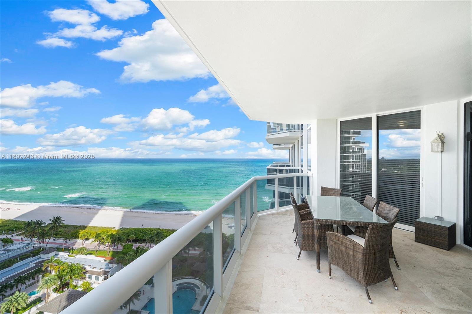 Enjoy spectacular views of the ocean, bay, and city from this beautifully appointed 2-bedroom, 2-bath residence with a den—currently used as a third bedroom. The primary suite features a large walk-in closet and a spacious bathroom with separate Jacuzzi tub and shower. The kitchen flows seamlessly into a bright living and dining area, leading to an expansive terrace perfect for taking in the views. Marble floors throughout add elegance and warmth. The second bedroom also enjoys terrace access. The building offers outstanding amenities and services and is ideally located in one of Miami Beach’s most coveted oceanfront condos.