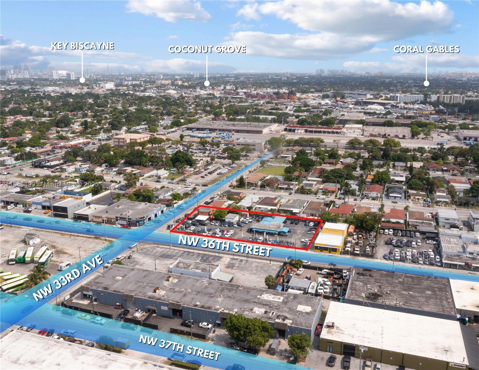 "MELROSE REDEVELOPMENT 116 units with EXISTING INCOME." This offering includes two contiguous lots (3340 NW 36 ST & 3520 NW 33 AVE) on 36th Street, totaling approximately 0.77 acres or around 34,000 square feet. The property features a commercial auto dealer storefront of about 1,000 square feet on the western lot, and a residential duplex with approximately 2,800 square feet on the corner. Both structures are currently occupied by short-term tenants, generating an annual rental income of $216,000. The lots benefit from favorable T6-8 O zoning, which allows for development density of 150 units per acre "by right."