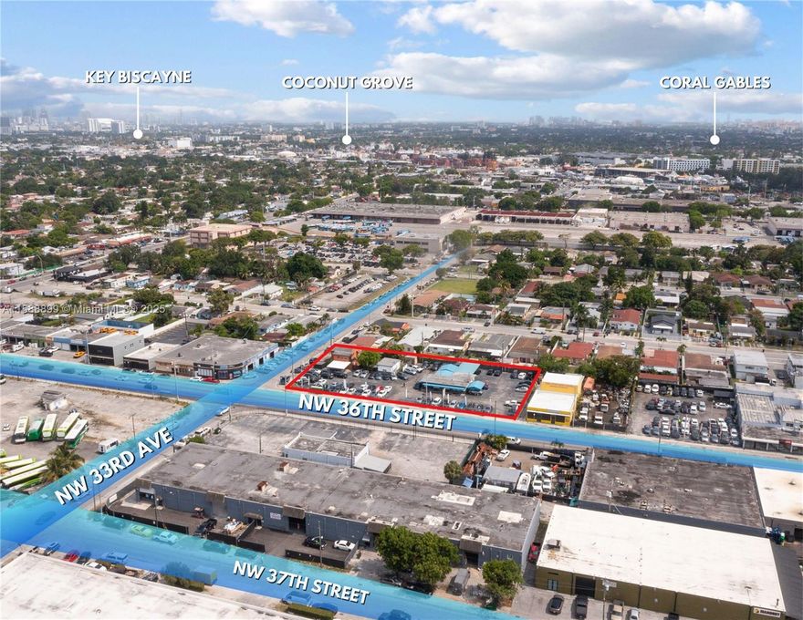 "MELROSE REDEVELOPMENT 116 units with EXISTING INCOME." This offering includes two contiguous lots (3340 NW 36 ST & 3520 NW 33 AVE) on 36th Street, totaling approximately 0.77 acres or around 34,000 square feet. The property features a commercial auto dealer storefront of about 1,000 square feet on the western lot, and a residential duplex with approximately 2,800 square feet on the corner. Both structures are currently occupied by short-term tenants, generating an annual rental income of $216,000. The lots benefit from favorable T6-8 O zoning, which allows for development density of 150 units per acre "by right."