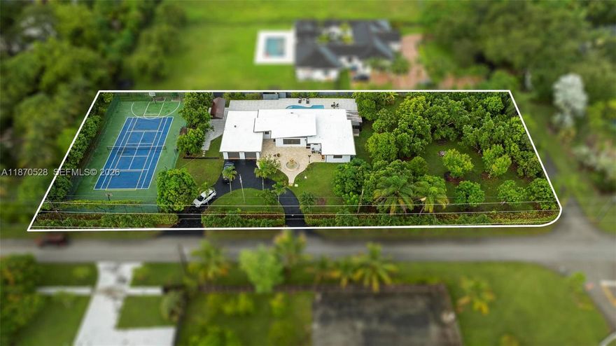 Welcome to your private Miami oasis! This stunning single-family home sits on a 1-acre corner lot, offering 4 bedrooms, 3 full baths, and an inviting updated pool. Enjoy a multi-sport court for tennis, pickleball, and basketball, plus mature fruit trees, a tranquil fountain, and full fencing for privacy. Inside, bright open spaces feature a cozy fireplace and a kitchen with stainless steel appliances. A 2 car garage plus space in the yard to park your RV or boat adds versatility. With space to build a guest house, this home offers immediate comfort and future potential. Located minutes from Dadeland, Baptist Hospital, South Miami Hospital, and major expressways, this is resort-style living in a prime location.