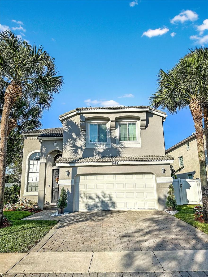 This beautiful 4-bedroom/2.5 bathroom home is located in the desirable community Madison Green. Home features: impact windows upstairs, hurricane shutter panels for downstairs, keyless front door entry, ring door bell, external cameras, outdoor speakers in patio, electric panel for portable power & rainsoft whole house water filtration system. Water heater cooktop & dishwasher recently replaced. Corner Cul-De-Sac Lot! This fully fenced lot is one of the largest in Pinehurst and has room for a pool. Enjoy outdoor living in your private oasis. Home features a covered and screened patio. Madison Green is renowned for its resort style living with beautiful surroundings and convenient location. Lots of amenities and basic cable & internet included.