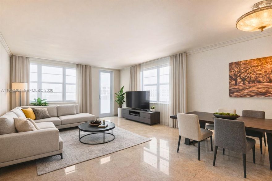 Beautiful corner 2 bed 2 bath apartment with oversize balcony and lot of natural light due to the SW  exposure and wonderful sunset. It features granite floor all over, renovated kitchen with granite counter-top, a lot of closets plus a storage room. Virtual Staging. It can be rented immediately or be renovated for a more modern look, in this case it can be divided in 2 independent units (efficiency and large one bedroom) for an higher ROI.
Ongoing special assessment for structural recertification and new hallways has to be assumed by buyer ($496.97/mo until March 2034). Financing actually possible with 50% LTV with few lenders.
Take advantage of the appreciation coming after mentioned renovations, Lincoln rd beautification, next door Ritz-Carlton Condo and all new Collins ave luxury Hotels coming soon.