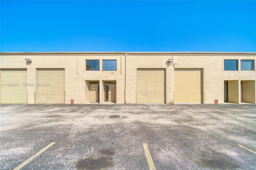 Office/Warehouse unit that is fully air conditioned and very well maintained, featuring nice porcelain floors, an updated bathroom, and a convenient kitchenette area. The layout includes two private offices plus a large storage/work area, offering great flexibility for many business types. Low monthly maintenance fee of $207. The building has already completed its recertification with no future assessments. The building is scheduled to be freshly painted this month, adding to its appeal. Call listing agent for details or to schedule a showing.