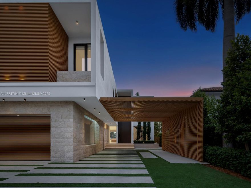 Step Inside With Me! This new modern home on gated Hibiscus Island stuns with design, finishes, and downtown views. A 23’ steel door reveals a waterfront salon illuminated through telescopic glass featuring a fireplace and sleek lighting. Outfitted in marble and fluted oak, the culinary experience is complete with hosting island, wine wall & bright dining setting. A floating staircase leads to an office + 4 suites with oak flooring. The primary showcases 2 sitting lounges, grand dressing room, midnight bar, and marble-clad bath that opens to an expansive terrace with skyline vistas. The Southern-facing outdoors are defined by a pool, spa, covered lounge, Summer kitchen, sunken fire pit, sun deck and dock along 60 feet of water. Wellness features: reverse osmosis, UV sauna, and cold plunge.