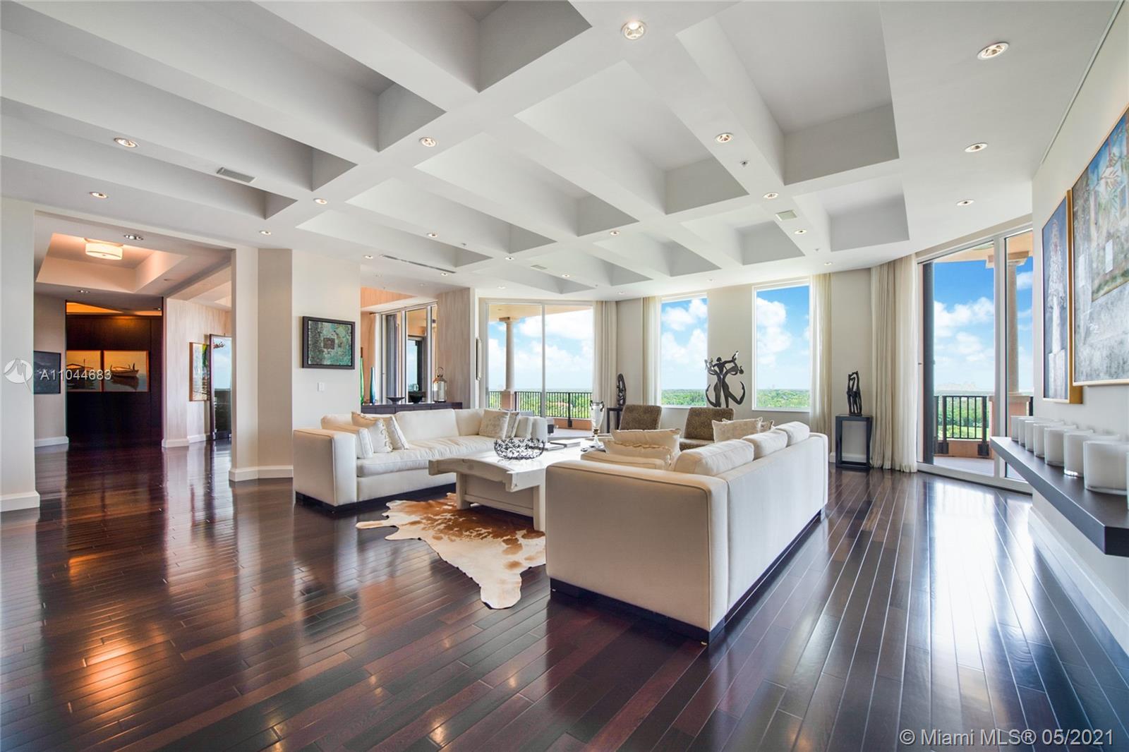 Leave the hustle and bustle of life behind and enter into the serenity of Deering Bay. In the best Building in Deering Bay, the Milano, you will find this spectacular residence. This unit has voluminous 11 ft ceilings, five large ensuite bedrooms all with walk in closets and terraces, fabulous entertaining areas, including almost 1000 sq ft grand salon and wet bar for fun gatherings, eat in kitchen with breakfast bar and adjacent family room, a library and office adjacent to the master, sound system , private 2 car parking garage and huge storage room as well as a 3rd parking space. The oversized terraces allow for outdoor enjoyment as well. The building has a it’s own hotel room , fitness center, pool, spa, and the only social room in Deering Bay. Come and enjoy this home!