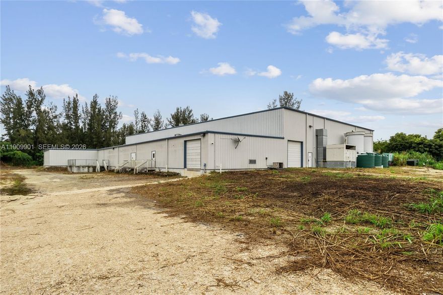 Proud to present a prime 35,796 sqft insulated steel building with plenty of outdoor storage space. Can be divided. Newer 2015 facility has ceiling height of 26 ft, two dock height and 3 drive up doors, fenced in lot, exterior lighting & security cameras. Electrical 800 amp 480/277 v three phase & (2) 400 amp 120/240v 3 phase system. Mins from Turnpike, Homestead Air Base, FedEx & Amazon Distribution Center, Turkey Point, Black Point Marina & Homestead Marina. Major developments in the area. Plenty of outdoor storage. Info deemed accurate but not warranted. Inquire on additional CAM charges.