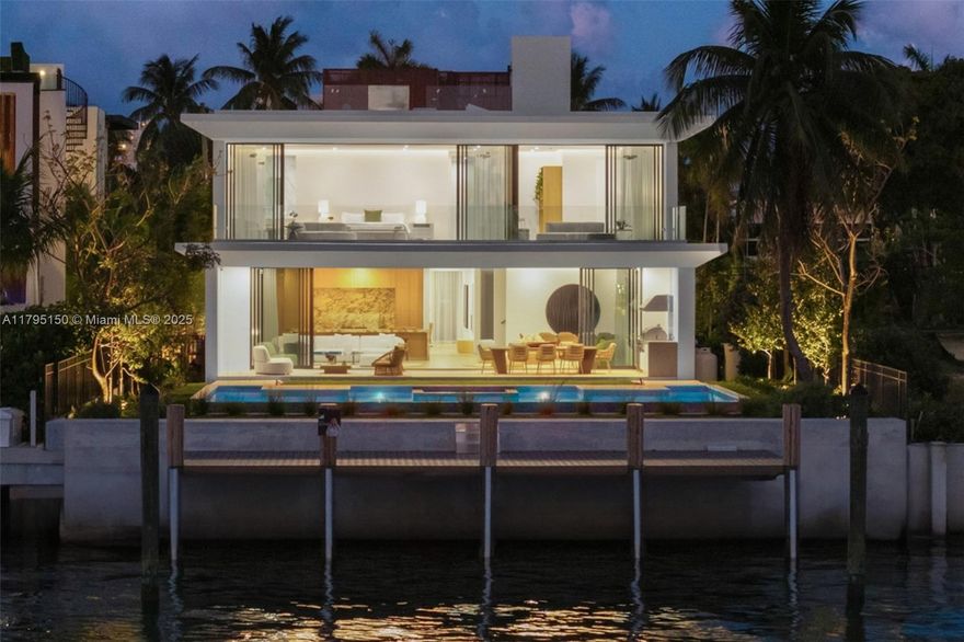 Step Inside With Me! For those who chase skylines, this Venetian Islands abode is ideal. Primely located on desirable Dilido Island's Southern section, this West-facing modern newly built home offers captivating Downtown Skyline views. A particularly wide main level features a perfectly placed grand waterfront salon, an impressive media lounge, a show kitchen enhanced by warm oak cabinetry and and eat-in island + functional butler's pantry. The expansive primary suite highlights stunning sunsets from a 14’ deep terrace while also offering white oak flooring, generous closets, a contemporary bath with dual vanities and rain shower. The outdoors are experienced at a sleek pool setting, outdoor grill, new dock, and seawall. Additional stand-outs: elevator, rooftop, 2-car gallery & generator.