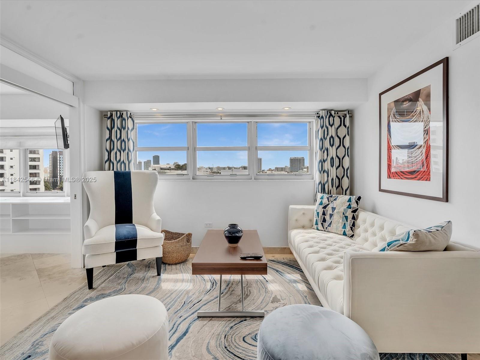 Enjoy the Miami Beach lifestyle in this modern, elegant, furnished 2 bedroom, 2 bathroom 10th floor condo in the Octagon Towers. 2nd bedroom is a spacious converted den/office w/a closet & window. Exceptional open concept unit features a kitchen w/impeccable finishes & stainless steel appliances, European cabinetry & a breakfast bar. Primary bedroom has an ensuite bathroom. Unit has great natural light w/wonderful city & partial water views. 24/7 front desk security, on-site mgmt & secure parking. Pet friendly. Short-term rentals (30 days min.) allowed. In Hotel Zoning District. Generate income when not using the unit. Amenities include a pool, sauna, gym, common laundry. Prime location. Special assessment - new sprinkler system, elevators, roof, generator.