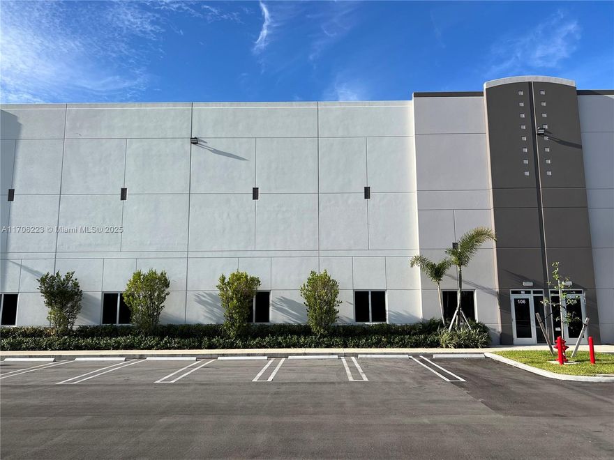 Built in 2022 warehouse, 30' Clear Ceiling Height. 11,007 SF total Area: 7,047 SF of Warehouse Area + 1,980 SF of Office Area + 1,980 SF of Mezzanine. 30' ceiling height offers add'l storage space. ESFR fire sprinkler system, concrete tilt wall panels, & steel joist roof system. Three (3) 9'x10' overhead doors-dock height. 12 assigned parking spaces. 277/480 Volt & 120/208 Volt. Excellent location on the industrial developing triangle of FL Turnpike, US 27-Okeechobee Rd, & I-75 to 826-Palmetto Expy, w/ immediate access to all these expressways. 2 contiguous units for sale separate or together: Units 106 & 107 would total 22,014 SF. See Unit #107 at MLS#A11706226. Tenant Occupied until 08/31/2025. Great opportunity for investors willing to keep a great tenant. See attachments for add'l info