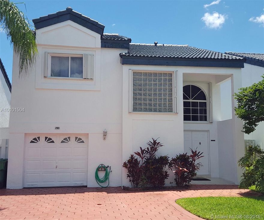 Beautiful 3Bed, 2 1/2 Bath, Garage Converted to a room. Recently upgraded Kitchen with granite counter tops new appliances wine rack. Porcelain tiles entire 1st floor. Brand new A/C. 4 months old. Move in ready. Close to all major Airports, Highways & Beaches. Permanent Storage Shed 12x5 to store Bicycles & more. One of the best community to live close to Aventura, Sunny Isles, Hallandale and Hollywood. 24hr manned security. Community Swimming Pool, Tennis & Basketball Court, Gym, Play Room and Theater